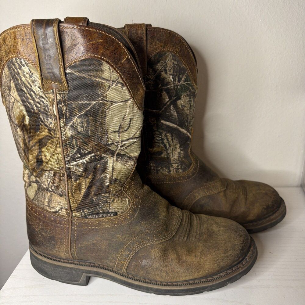 Justin Mens Stampede Waterproof Camo Leather Work Boots Brown Size 9.5 EE Hunt